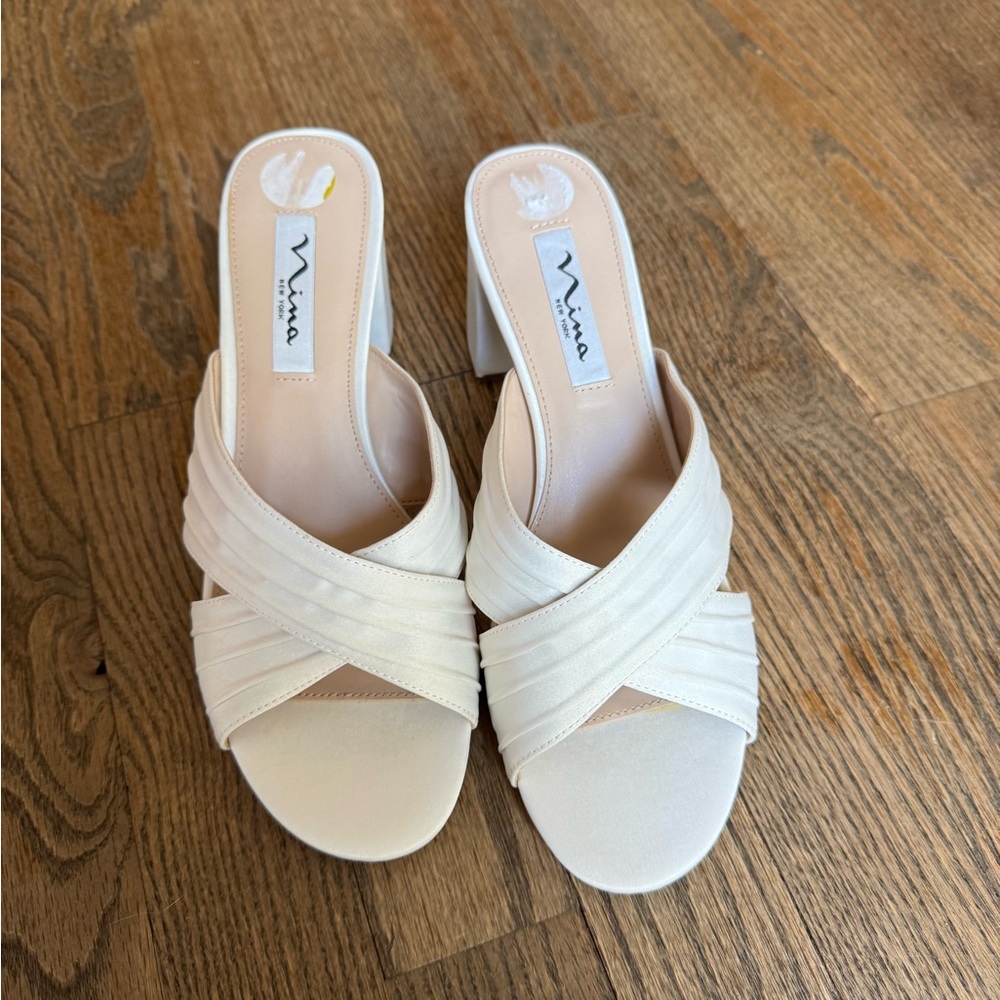 Nina Cream Cross-Strap Block Heel Mules